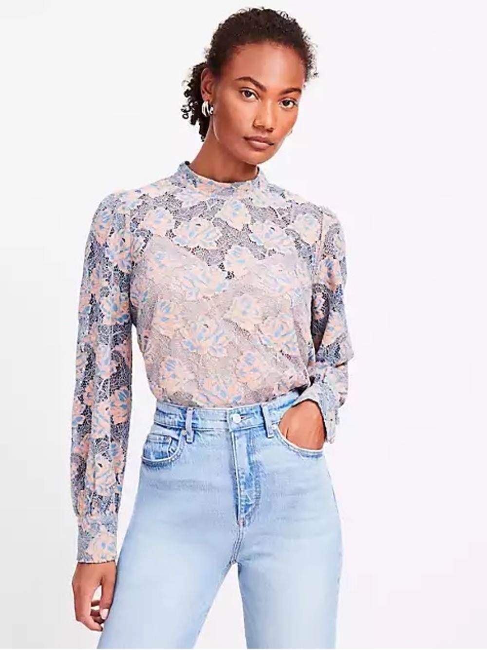 Loft Floral Lace Mock Neck Top Large Like New